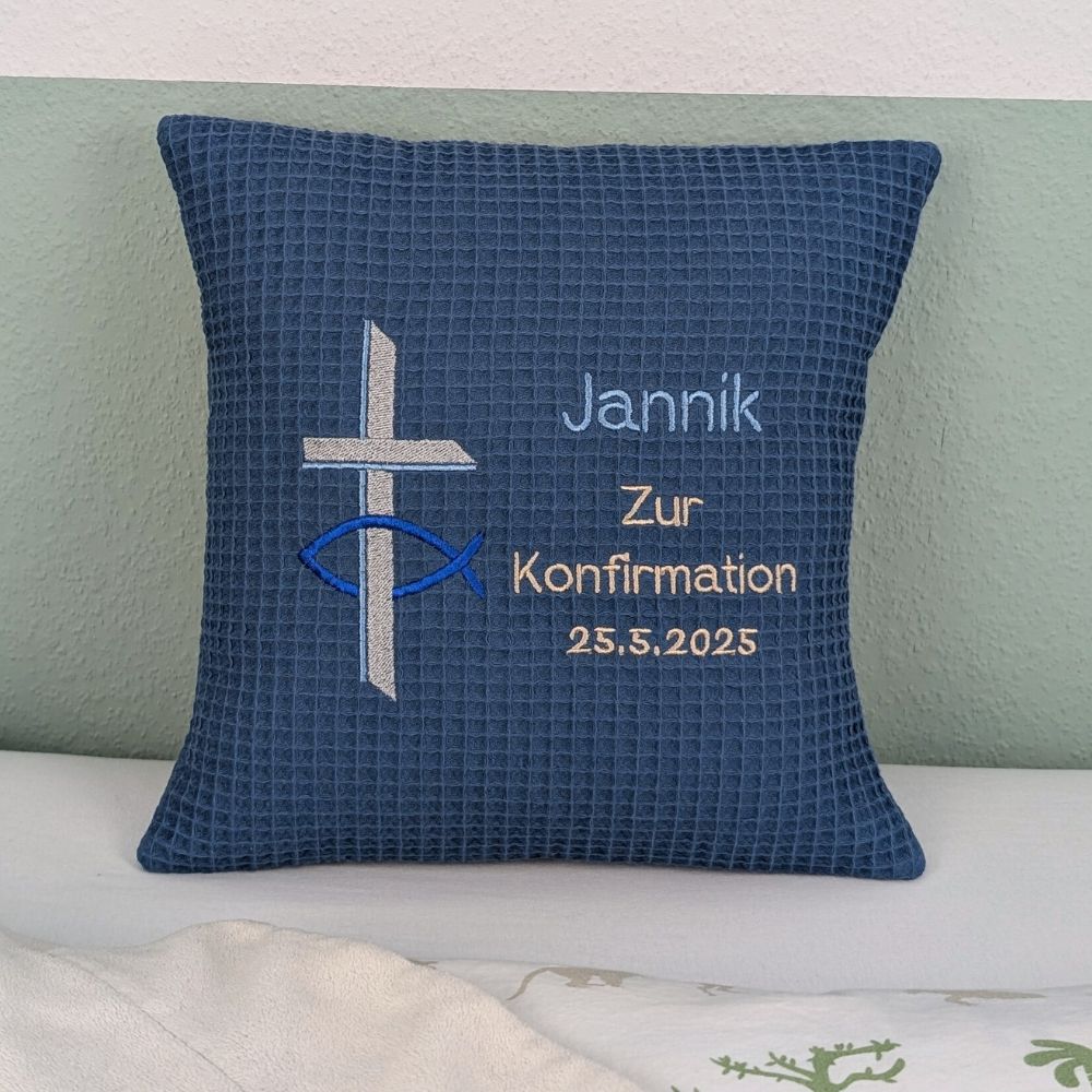 Konfirmationskissen -Kreuz und Fisch- 30 cm x 30 cm