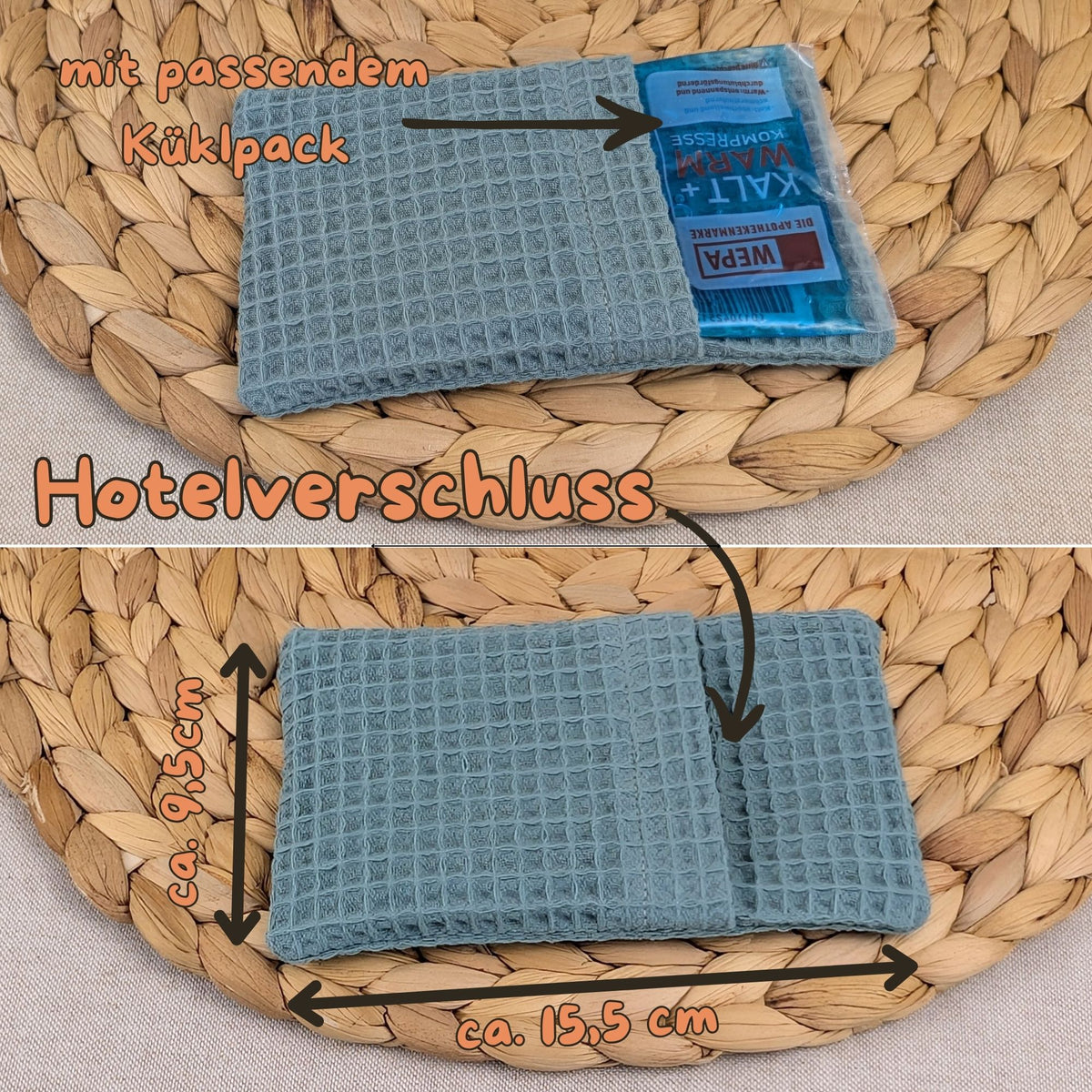 Das Bild ist in zwei geteilt. Oben ist ein Kühlakku halb in der Stoffhülle zu sehen. In der unteren Hälfte sind die Maße der Stoffhülle zu sehen 9,5 cm x 15,5cm und der Hotellverschlus