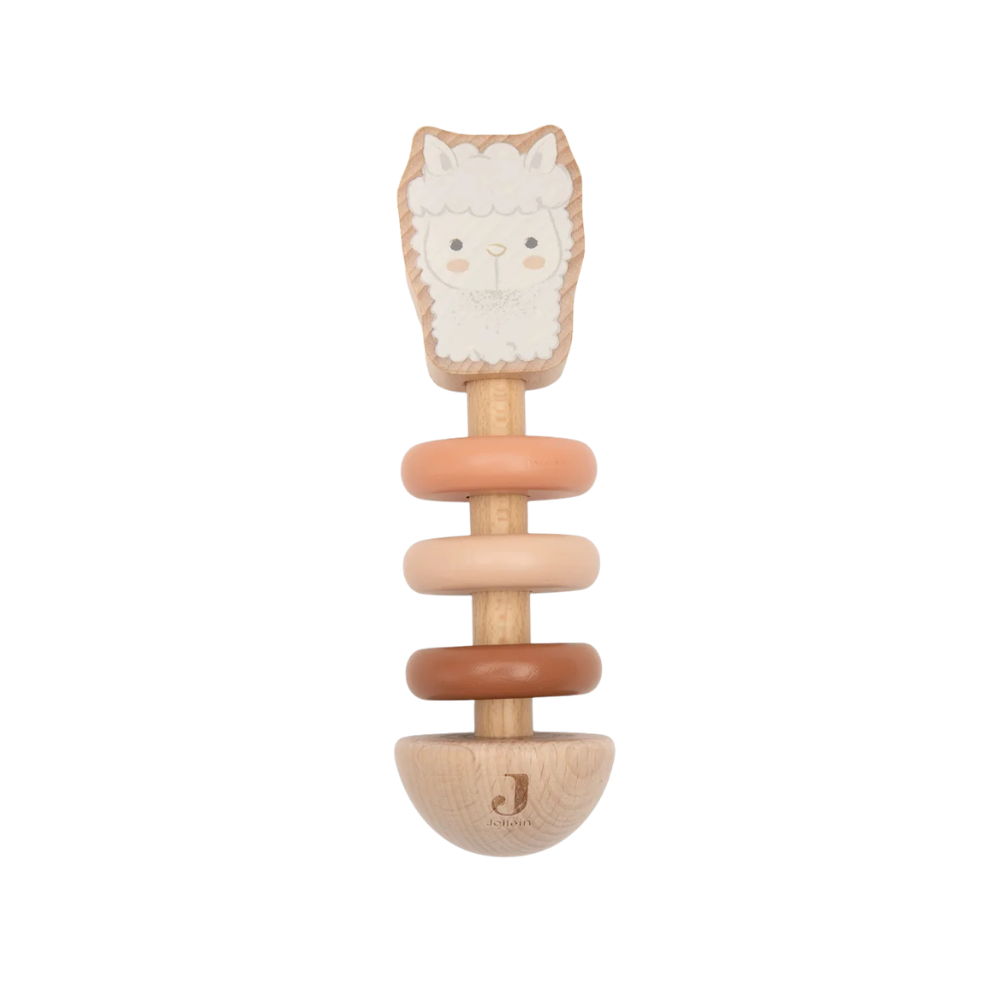 Jollein Holz-Rassel "Alpaca Paco" mit cremeweißem Alpakakopf und drei bunten Holzringen