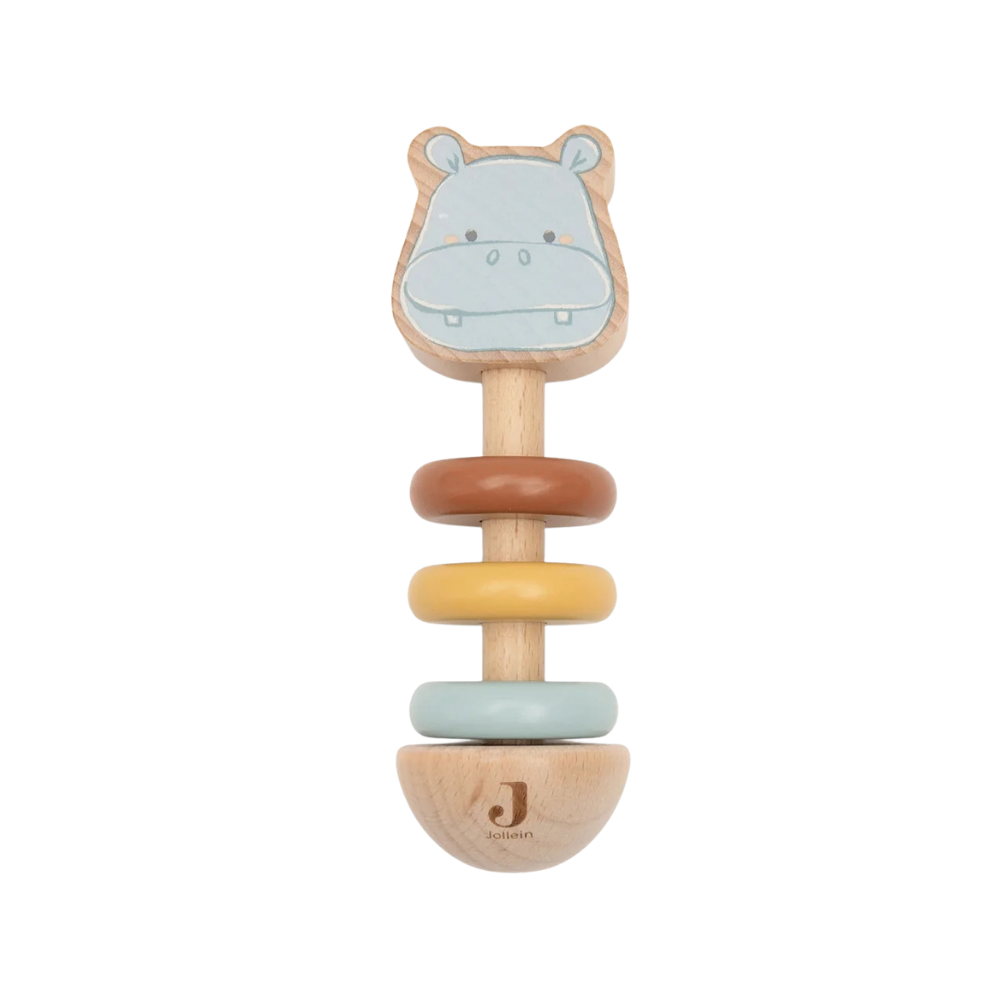 ollein Holz-Rassel "Hippo Happy" mit hellblauem Nilpferdkopf und drei bunten Holzringen