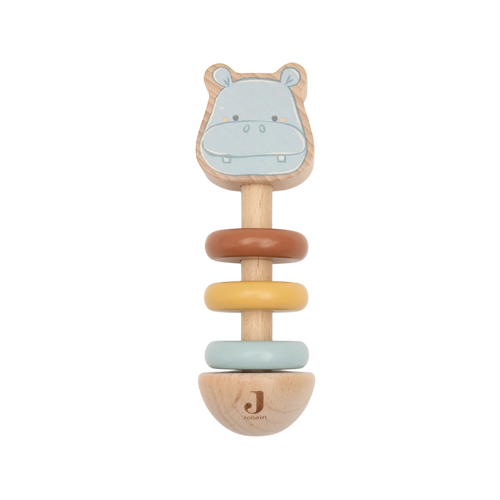 ollein Holz-Rassel "Hippo Happy" mit hellblauem Nilpferdkopf und drei bunten Holzringen