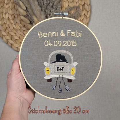 Stickrahmenbild mit Hochzeitsauto