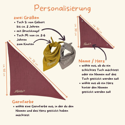 Eine Collage auf der erklärt wird wie groß die beiden Tücher Größen sind und wie sie personalisiert werden können.